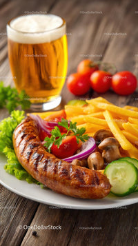 Delicious Grilled Sausage with Fries and Fresh Salad