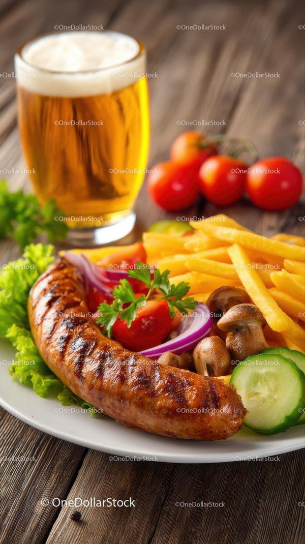 Delicious Grilled Sausage with Fries and Fresh Salad