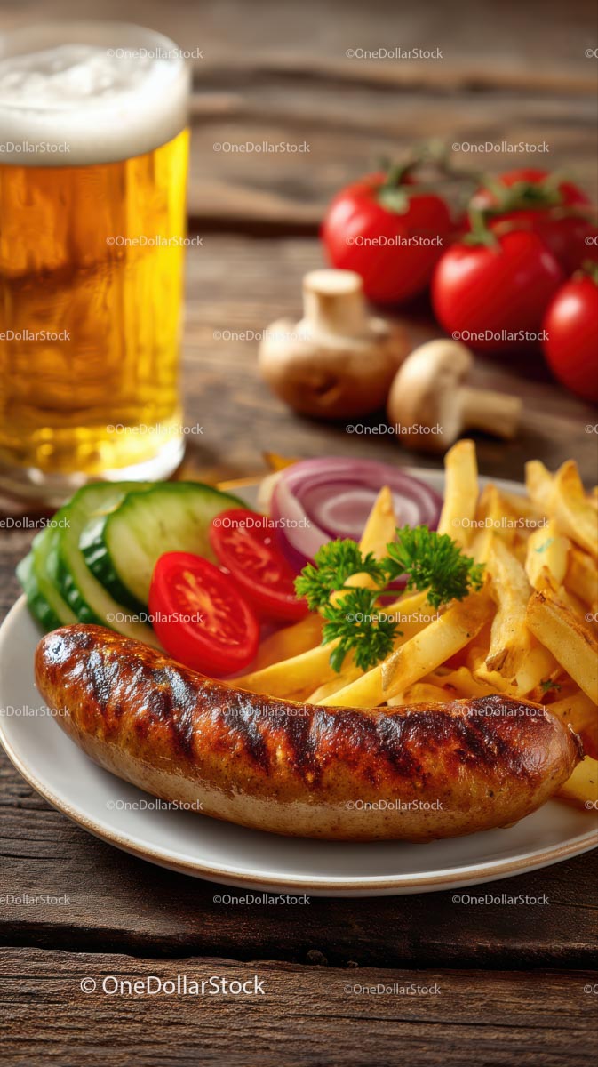 Grilled Sausage with Fries and Fresh Vegetables on Wooden Table