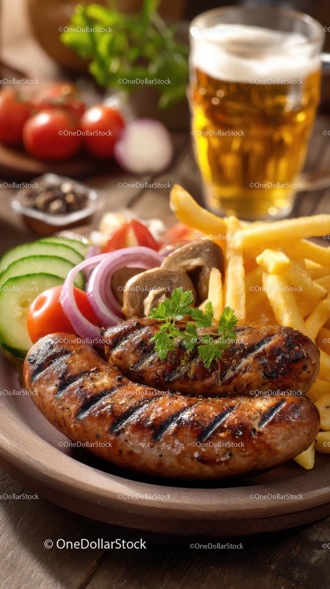 Grilled Sausage with Fries and Vegetables