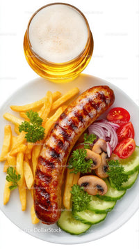 Grilled Sausage with French Fries and Cold Beer