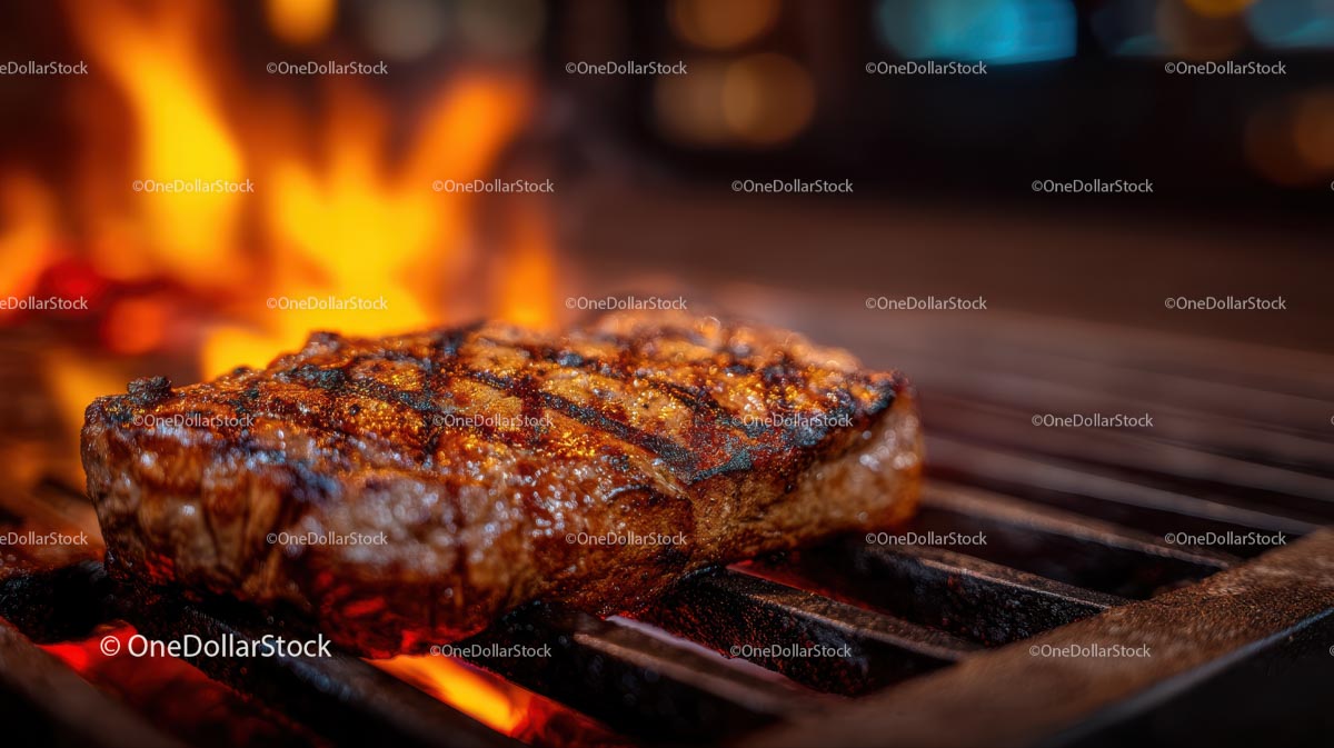 Juicy Grilled Steak Sizzling Over Open Flames
