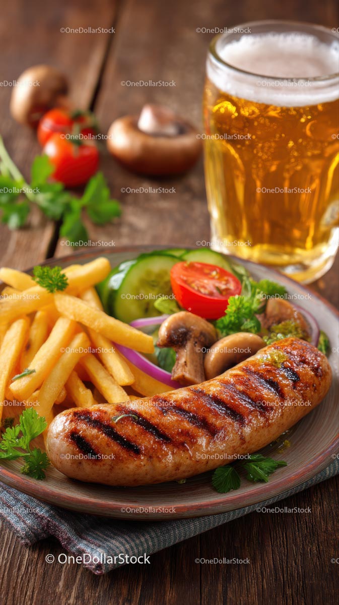 Grilled Sausage and Fries with Refreshing Beer