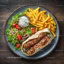 Kebab Wrap with Fresh Salad and Fries on Rustic Plate