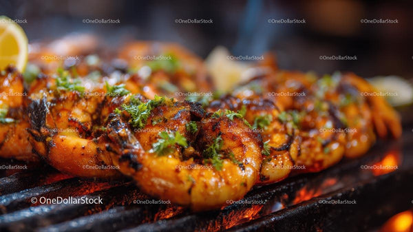 Grilled Shrimp with Parsley and Lemon Garnish on Barbecue