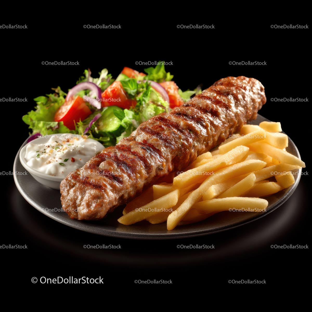 Grillowany kebab z frytkami i świeżą sałatką