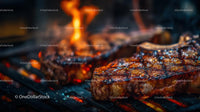 Juicy Grilled Steaks with Flames on a Barbecue