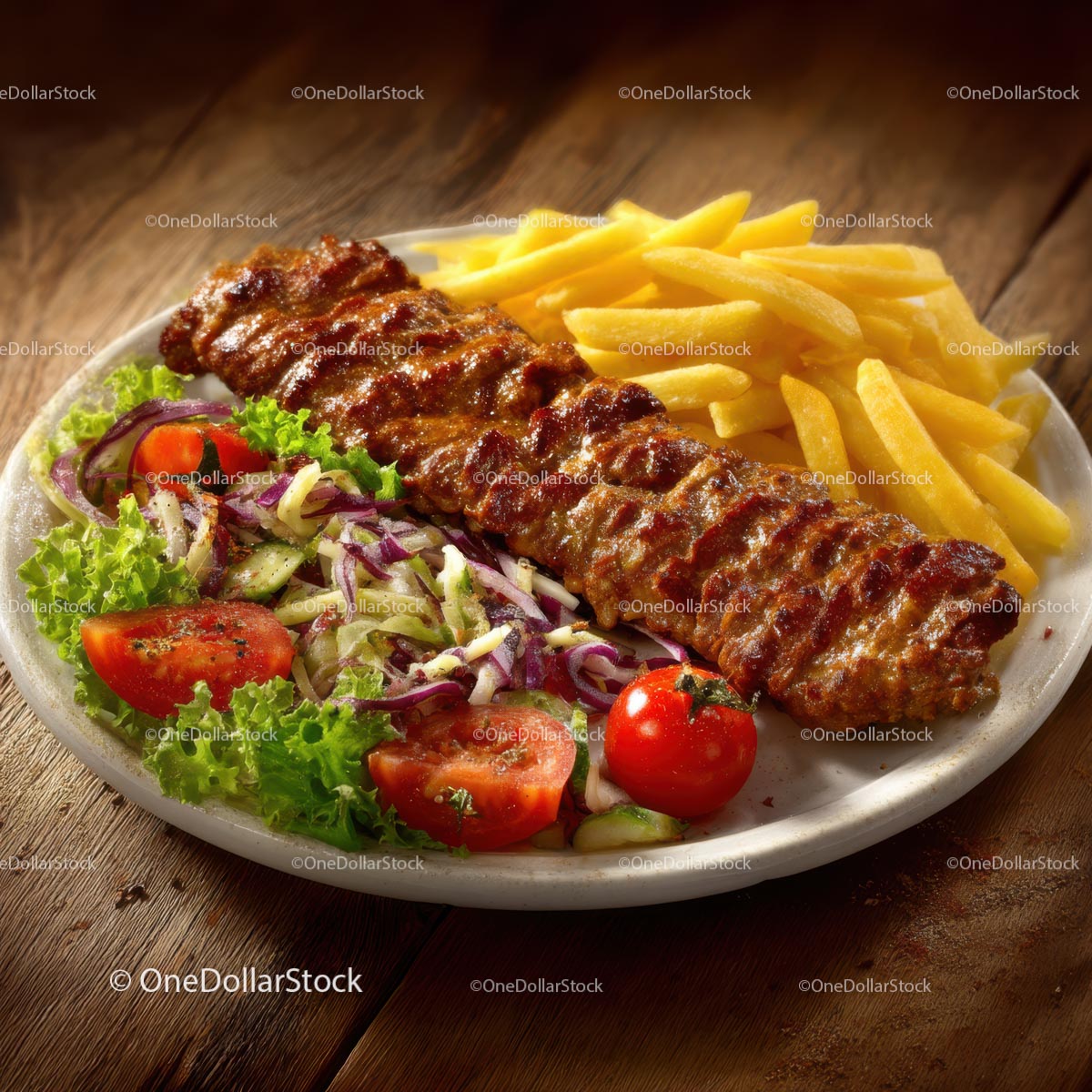 Grillowany kebab z frytkami i świeżą sałatką