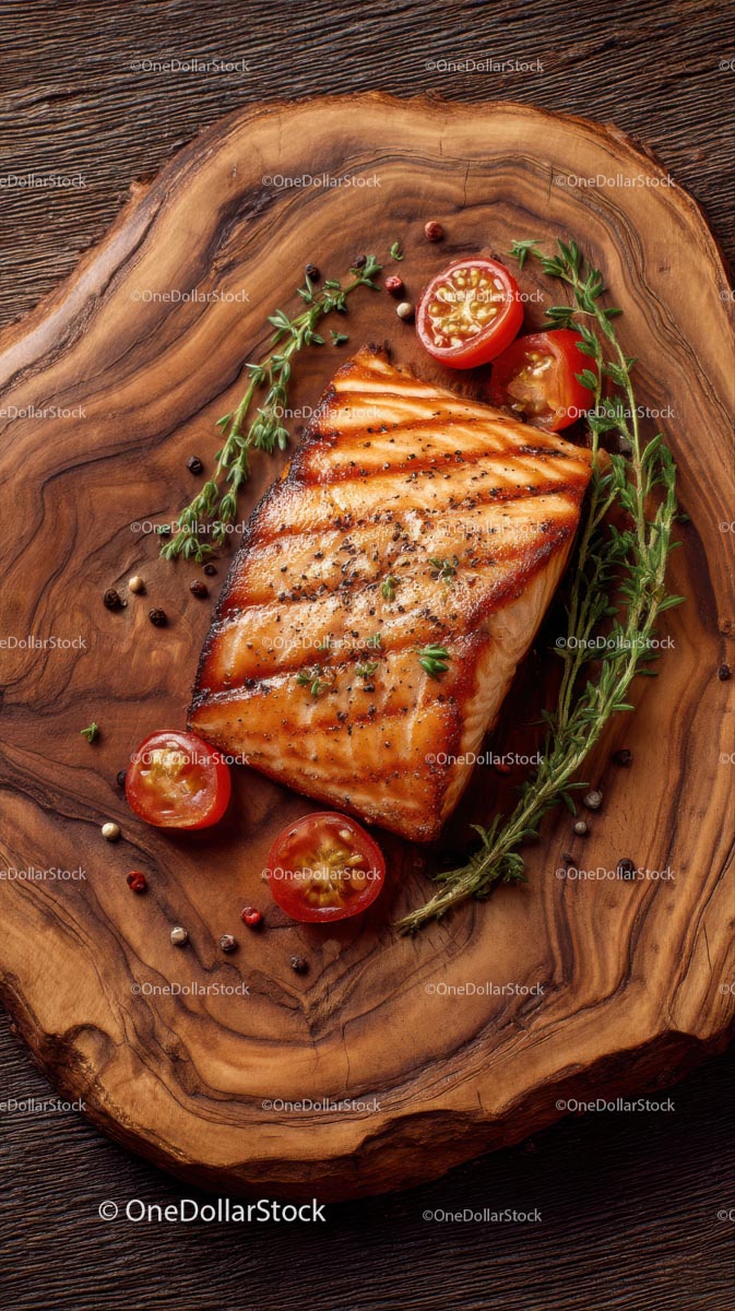 Grilled Salmon on Rustic Wooden Platter with Herbs