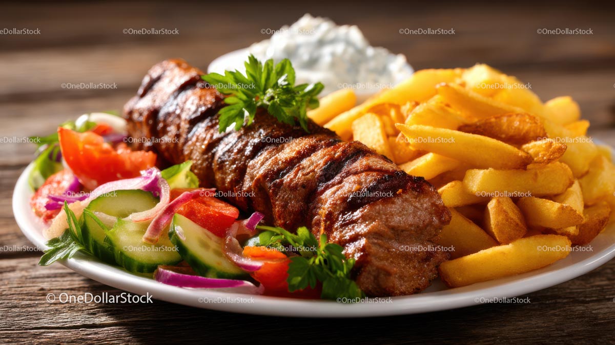 Juicy Grilled Kebab with Fries and Fresh Salad