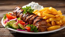 Juicy Grilled Kebab with Fries and Fresh Salad