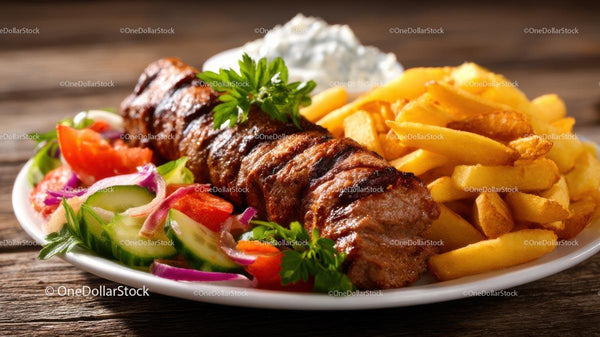 Juicy Grilled Kebab with Fries and Fresh Salad
