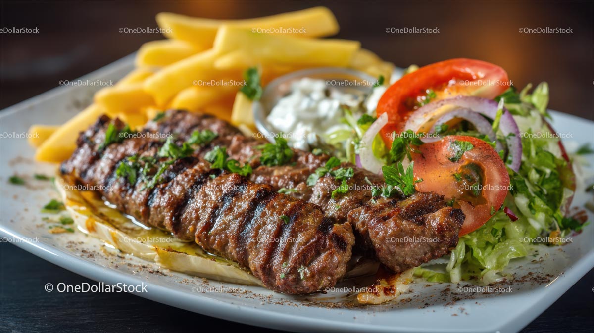 Grilled Kebab with Fries and Fresh Salad