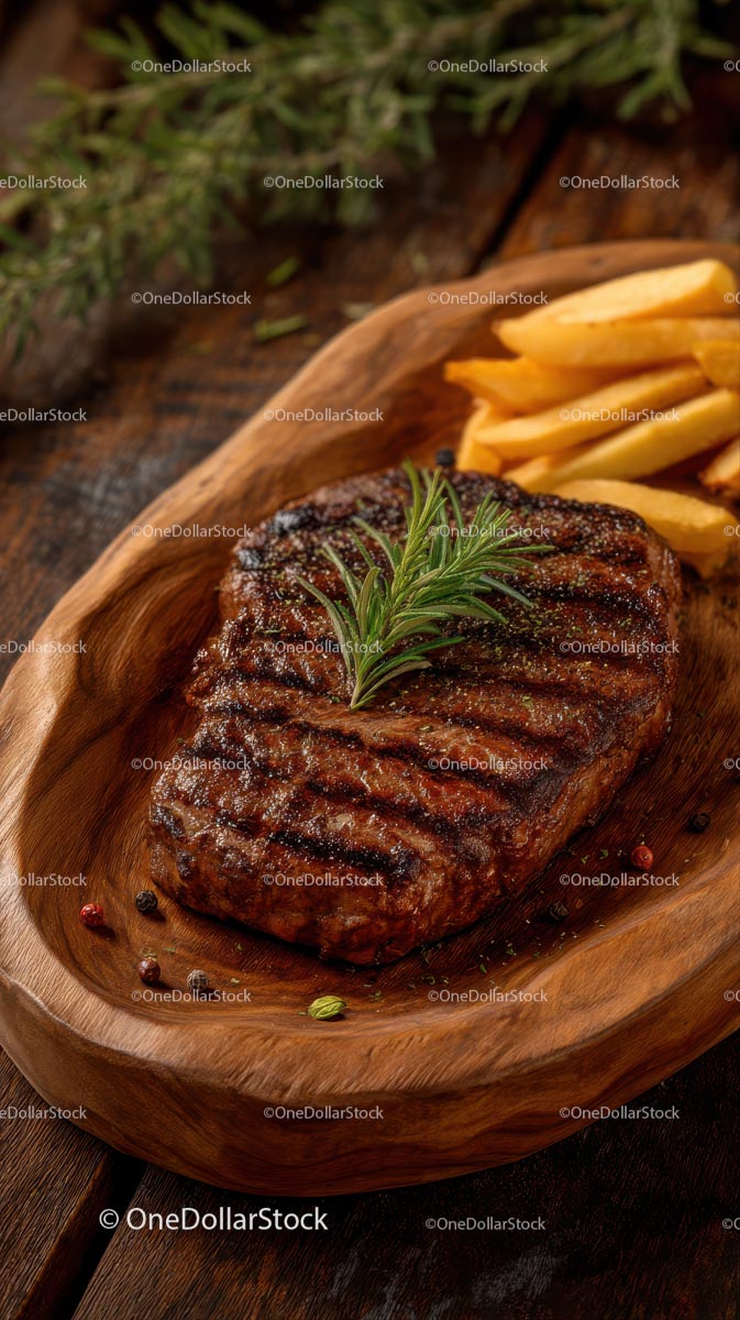 Grilled Steak with Rosemary and French Fries on Wooden Platter