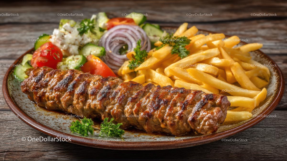 Grillowany kebab z frytkami i świeżą sałatką