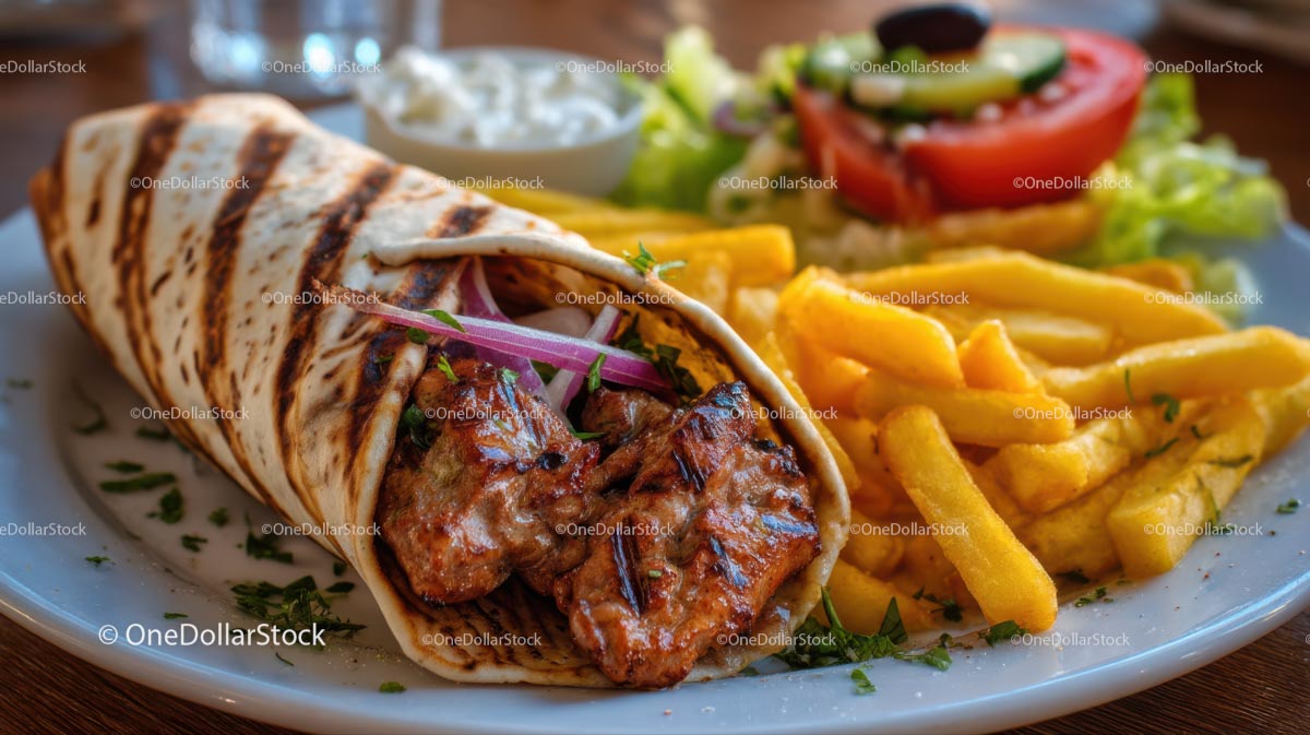 Grilled Meat Wrap with Fries and Fresh Greek Salad
