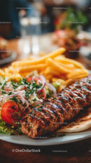 Grilled Kebab with Fresh Salad and Golden Fries