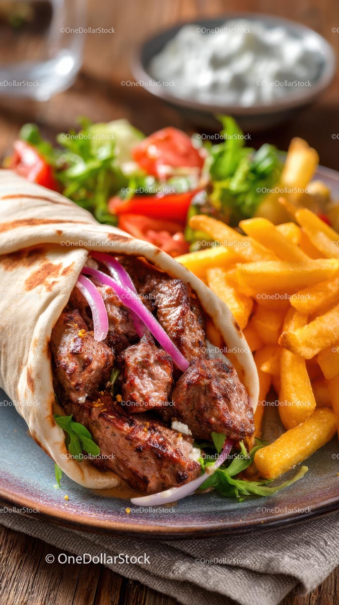 Grilled Meat Wrap with Fresh Salad and Fries