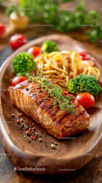 Grilled Salmon with Broccoli and Pasta on Wooden Platter