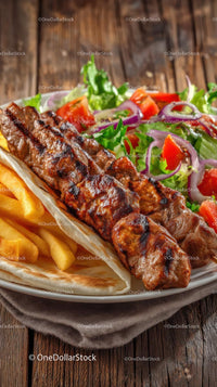 Grilled Skewers with Salad and Fries on Rustic Table