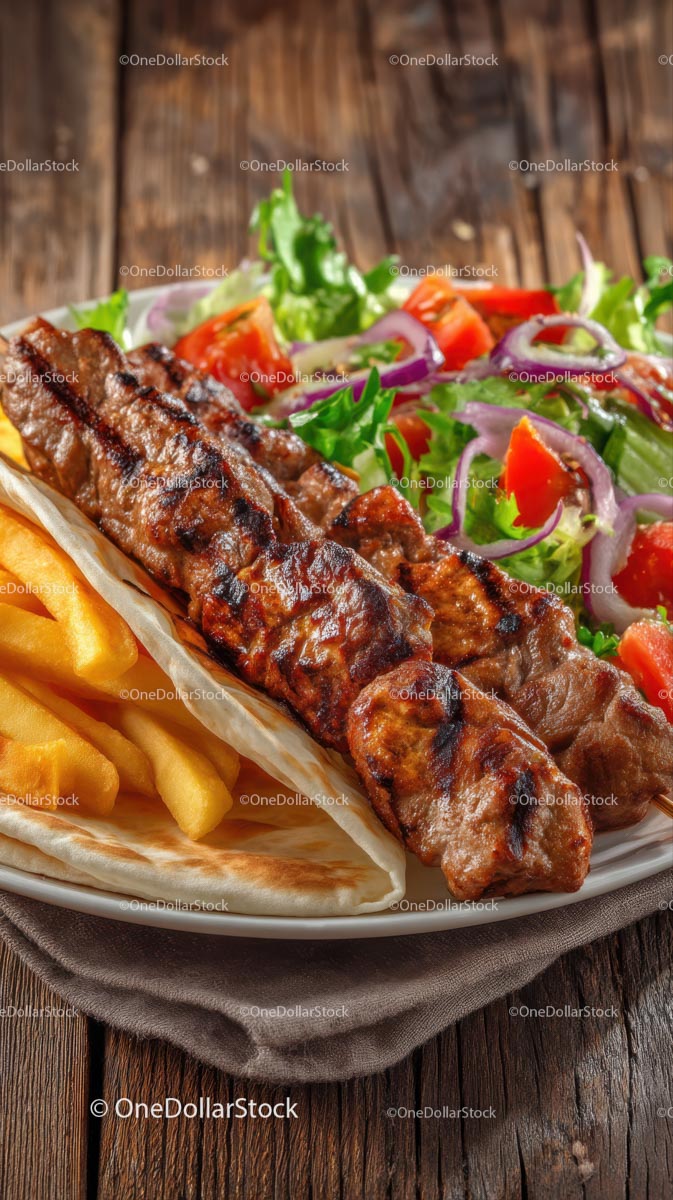 Grillowane szaszłyki z sałatką i frytkami na rustykalnym stole