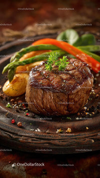 Juicy Grilled Beef Fillet with Vegetables on Rustic Platter