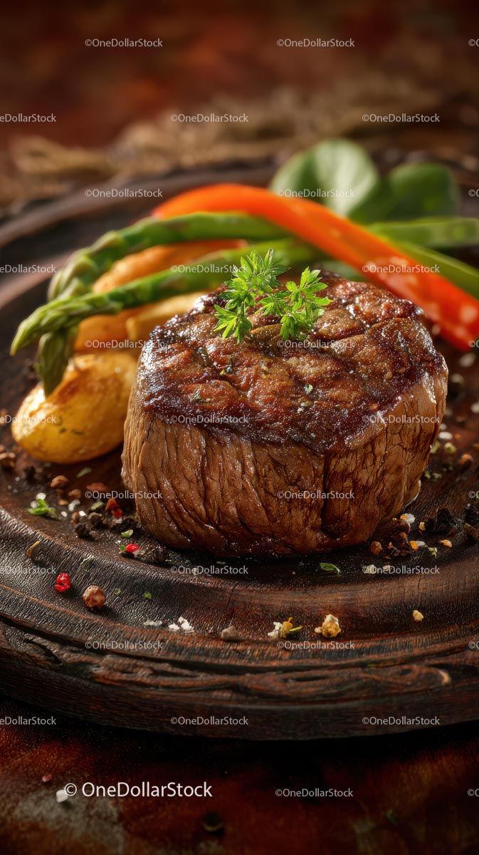 Juicy Grilled Beef Fillet with Vegetables on Rustic Platter