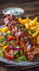 Grilled Skewers with Fries and Salad on Rustic Table