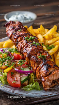 Grilled Skewers with Fries and Salad on Rustic Table