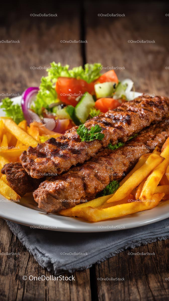 Grilled Kebabs with Salad and Fries on Rustic Table