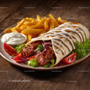 Grilled Shish Kebab Wrap with Fries and Fresh Vegetables