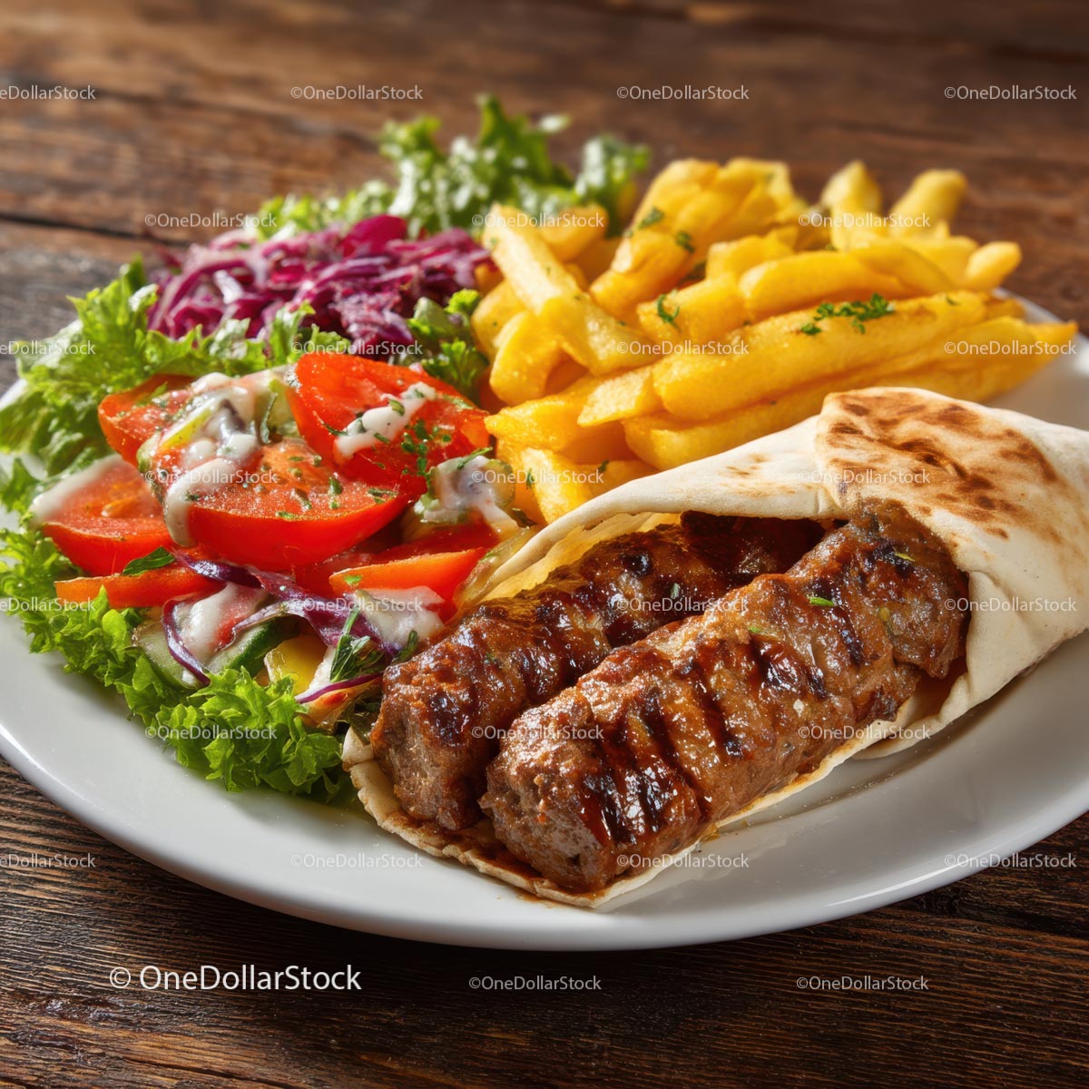 Grilled Kebab with Fresh Salad and Crispy Fries