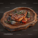 Grilled Steak with Rosemary on Rustic Wooden Platter