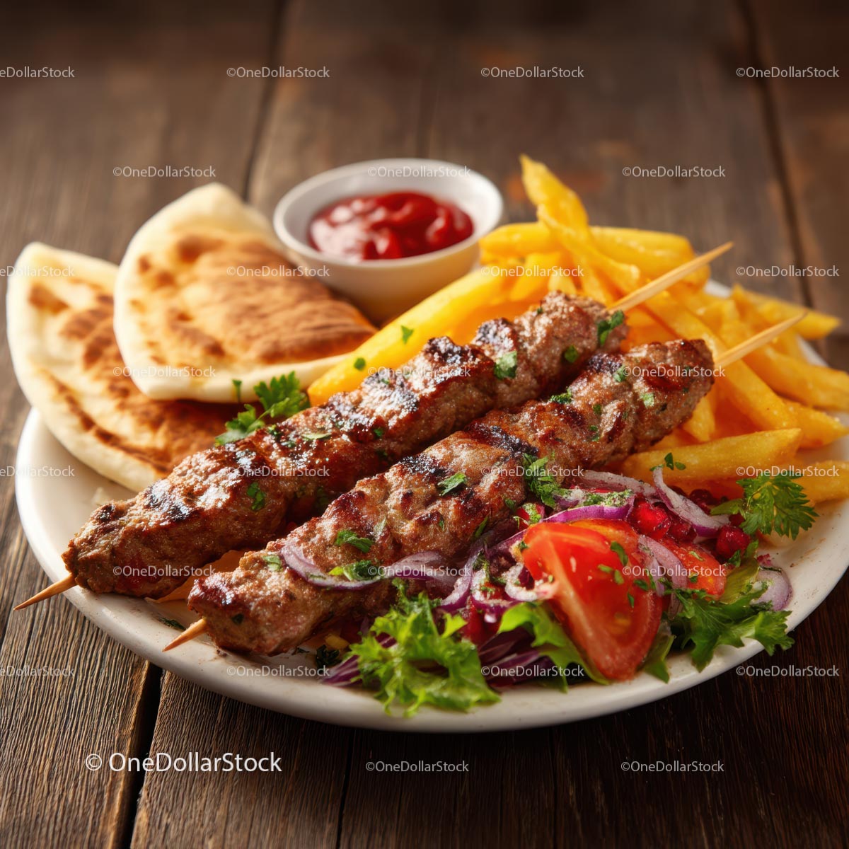 Grilled Kebab with Fries and Fresh Salad on a Plate