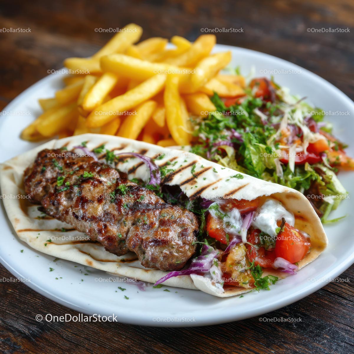 Grilled Kebab Wrap with Fries and Fresh Salad