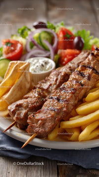 Delicious Greek Skewers with Fries and Fresh Salad