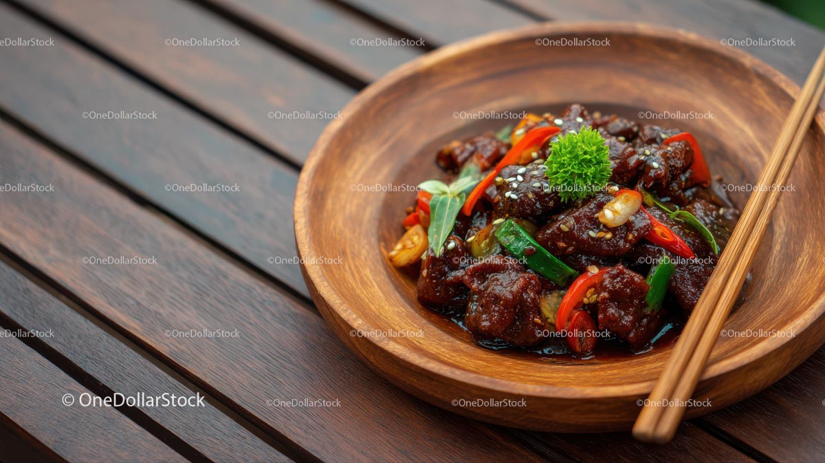 Spicy Beef Stir-Fry in Rustic Wooden Bowl