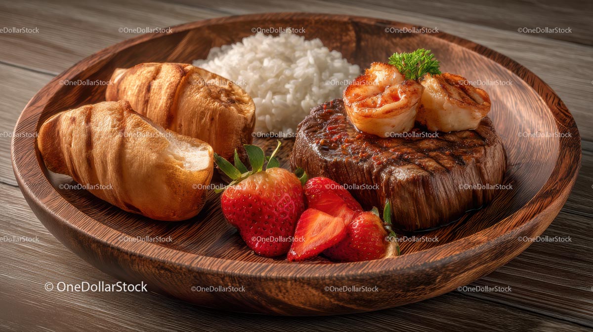 Wykwintny Surf and Turf z krewetkami i truskawkami