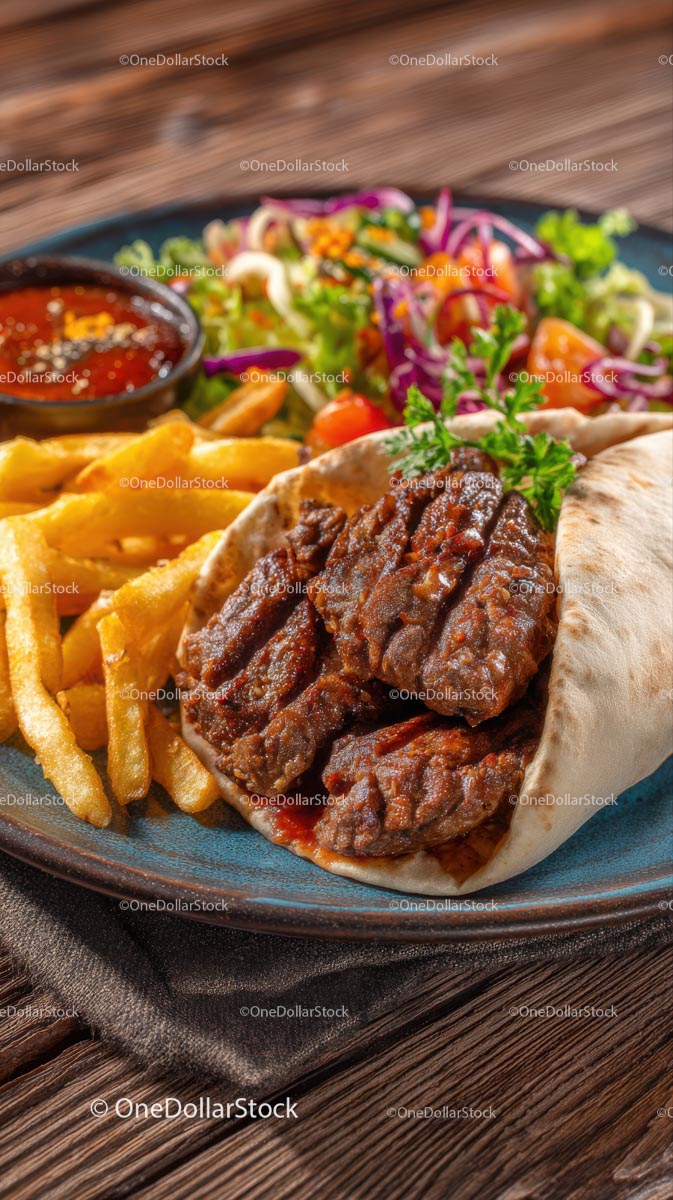 Grilled Kebab with Fries and Fresh Salad on Plate