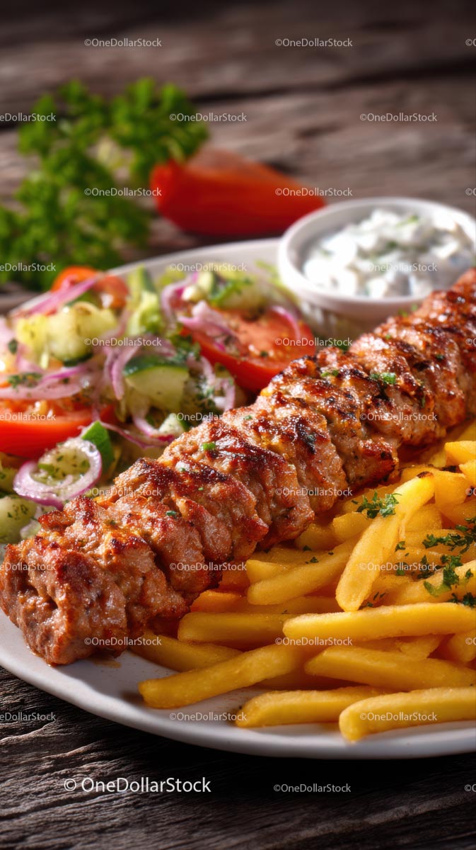 Tasty Grilled Kebab with Fries and Fresh Salad Platter