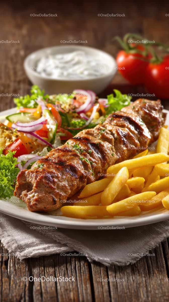 Grilled Kebab with Salad and Fries on Wooden Table