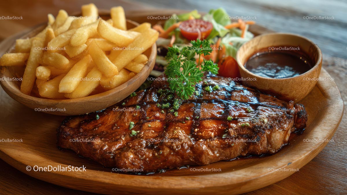 Grilled Steak with Crispy French Fries on Wooden Plate