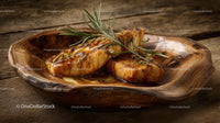 Grilled Fish with Rosemary on Wooden Plate