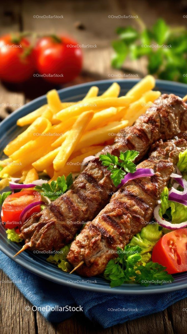 Grilled Kebab and Crispy Fries with Fresh Vegetables