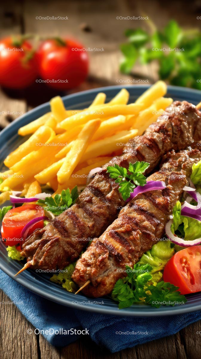 Grillowany kebab i chrupiące frytki ze świeżymi warzywami
