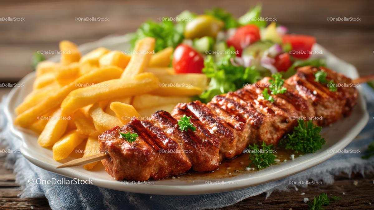 Grillowany szaszłyk mięsny z frytkami i świeżą sałatką