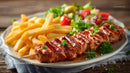 Grilled Meat Skewer with Fries and Fresh Salad
