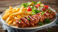 Grilled Meat Skewer with Fries and Fresh Salad