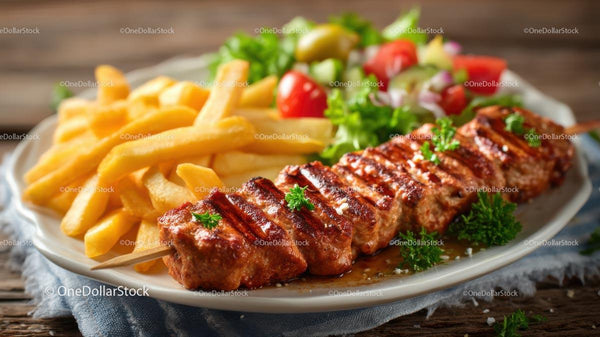 Grilled Meat Skewer with Fries and Fresh Salad