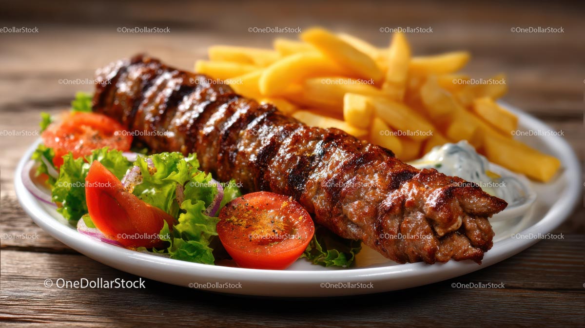 Soczysty grillowany stek z frytkami i świeżą sałatką